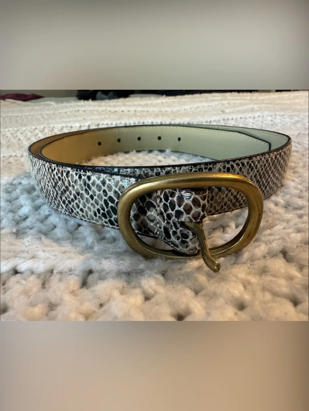 Snake-Print Belt with Antiqued Gold Buckle - White/Brown